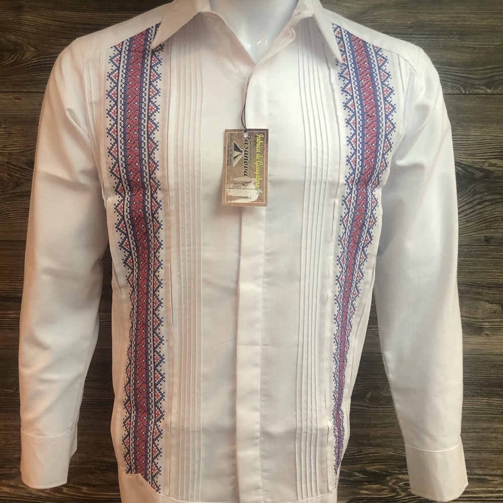 Mens Mexican Guayabera Wedding Dress Shirt White Long Sleeve Double Embroidery